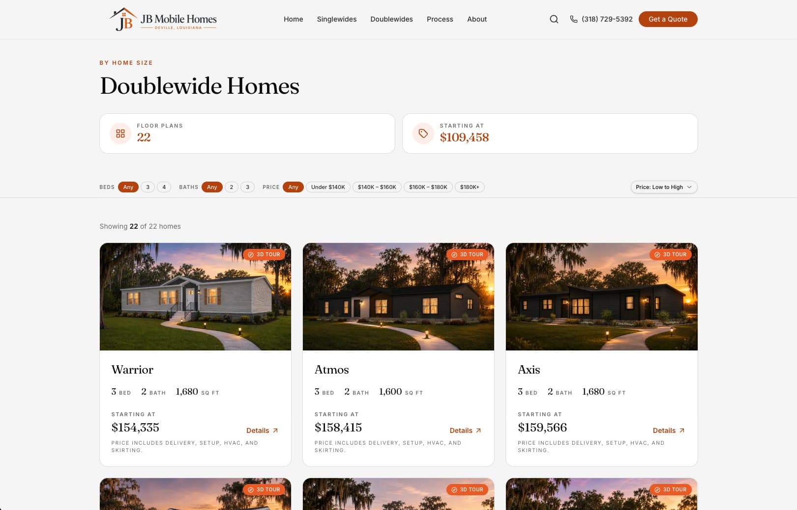 JB Mobile Homes website — double-wides inventory listing