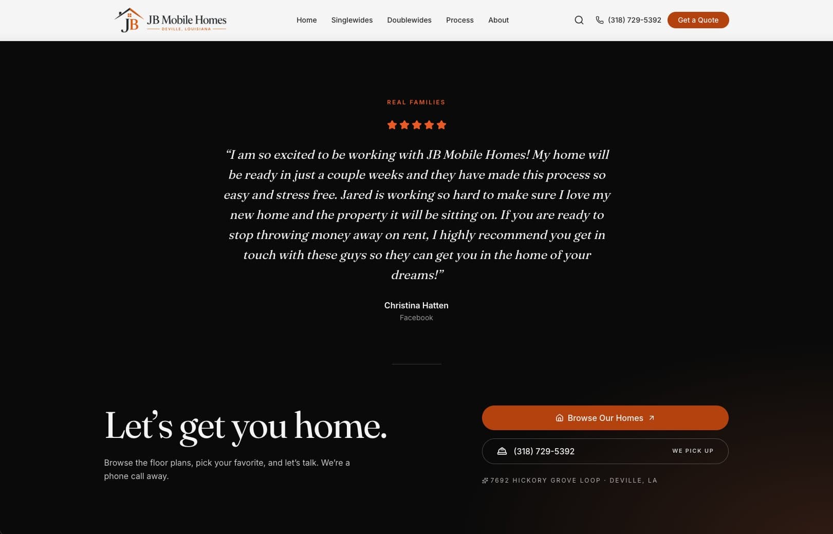 JB Mobile Homes website — buyer testimonial section