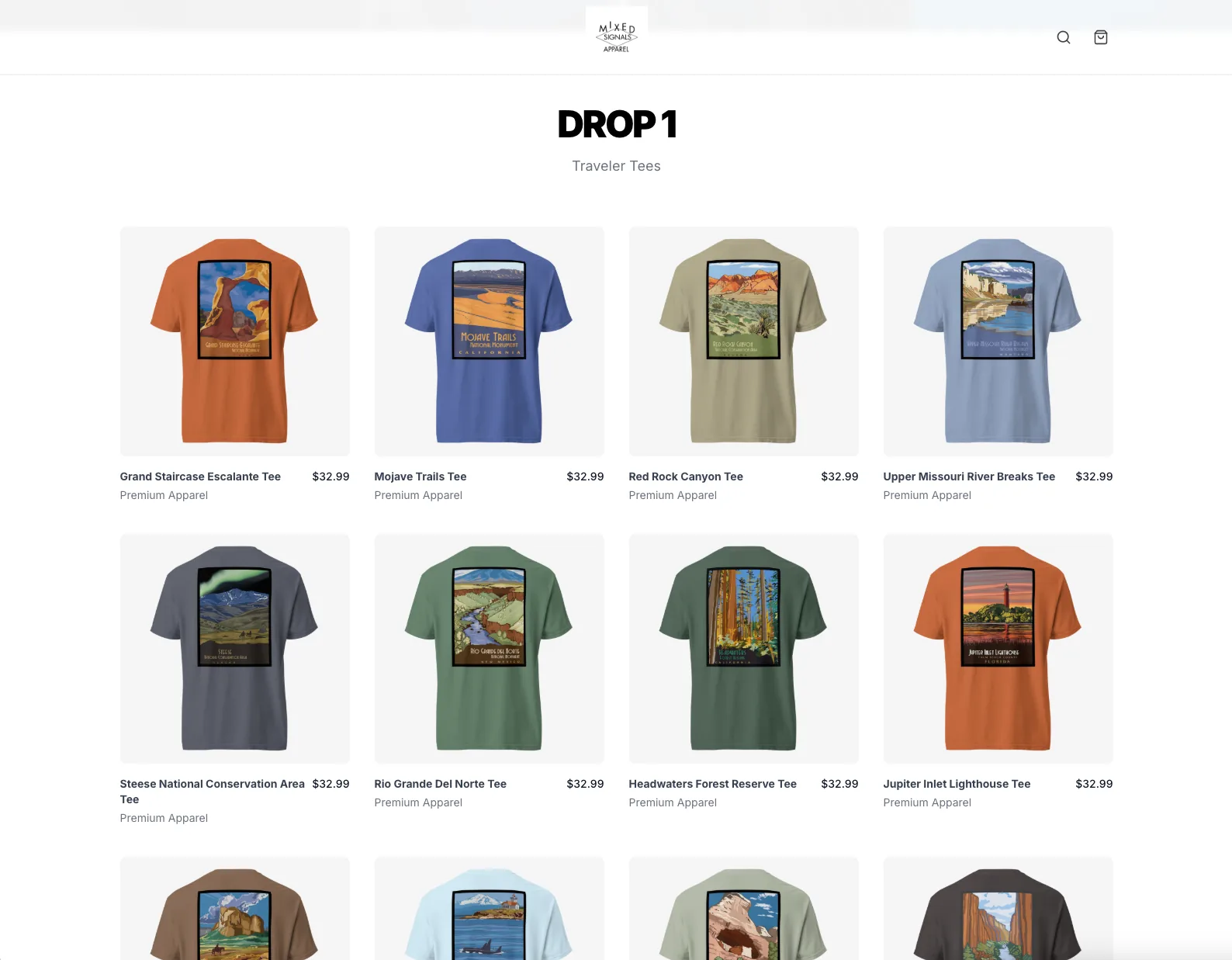 Mixed Signals Apparel product collection page — Drop 1